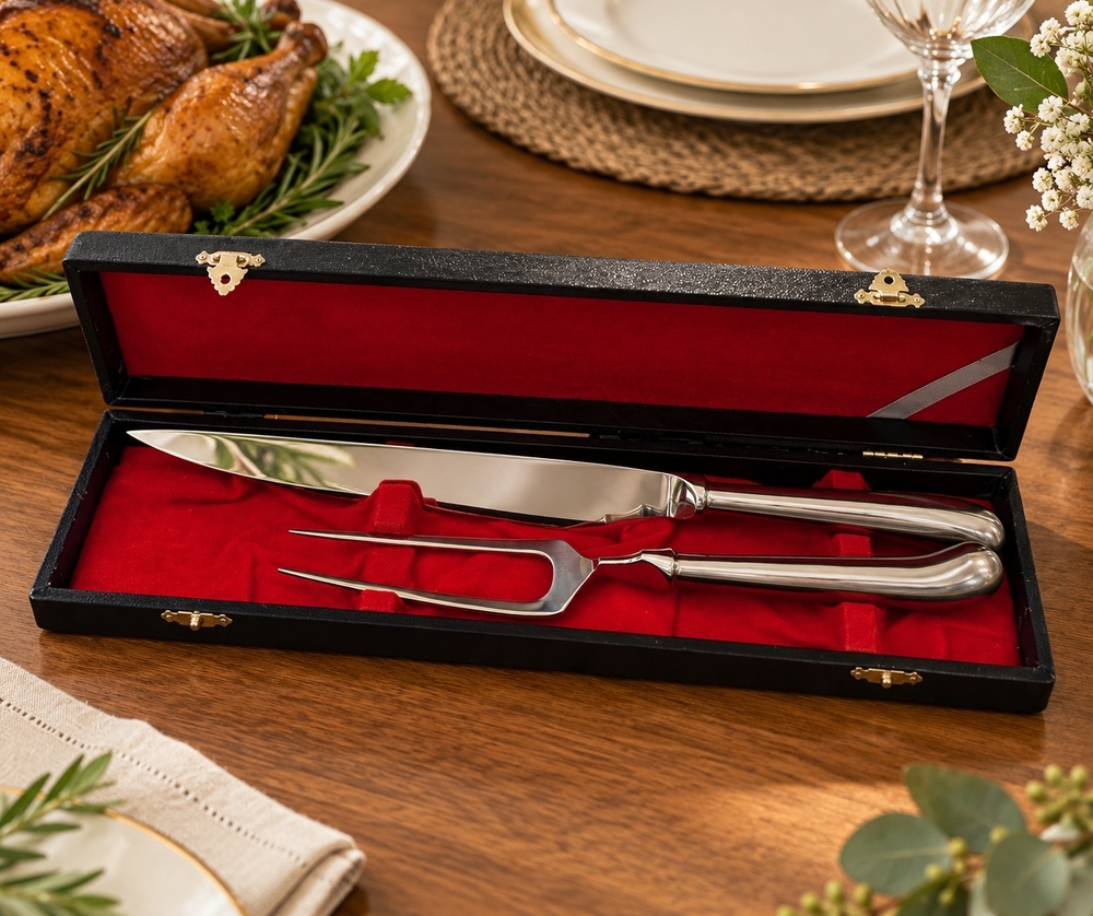Vintage Japanese Stainless Steel Carving Set Knife Fork Red Velvet Box Japan